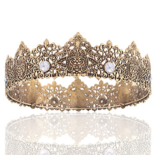 LEEMASING King Men Tiara Krone Imperial Mittelalter Stirnband Kristall Festzug für Hochzeit Halloween Messe Kostüm Geburtstag (Dunkelgold mit weißem Stein) von LEEMASING