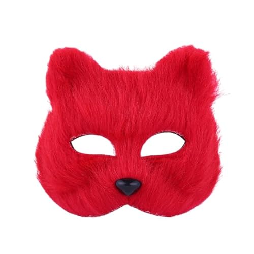 LEEMASING Pelzige Katze Maske Kunstpelz halbe Gesichtsmaske für Halloween Karneval Party Cosplay Kostüm Accessoire (Rot) von LEEMASING