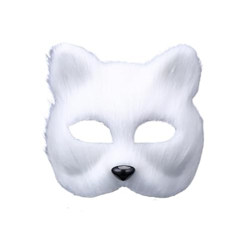 LEEMASING Pelzige Katze Maske Kunstpelz halbe Gesichtsmaske für Halloween Karneval Party Cosplay Kostüm Accessoire (Weiß) von LEEMASING