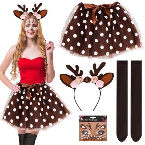 LEEWENYAN Karneval Reh Kostüm Damen, Erwachsene Rentier Kostüm mit Tüllrock Socken Reh Geweih Haarreif Reh Face Tattoo, Damen Rentier Kostüm für Fasching Karneval Cosplay Mottoparty von LEEWENYAN