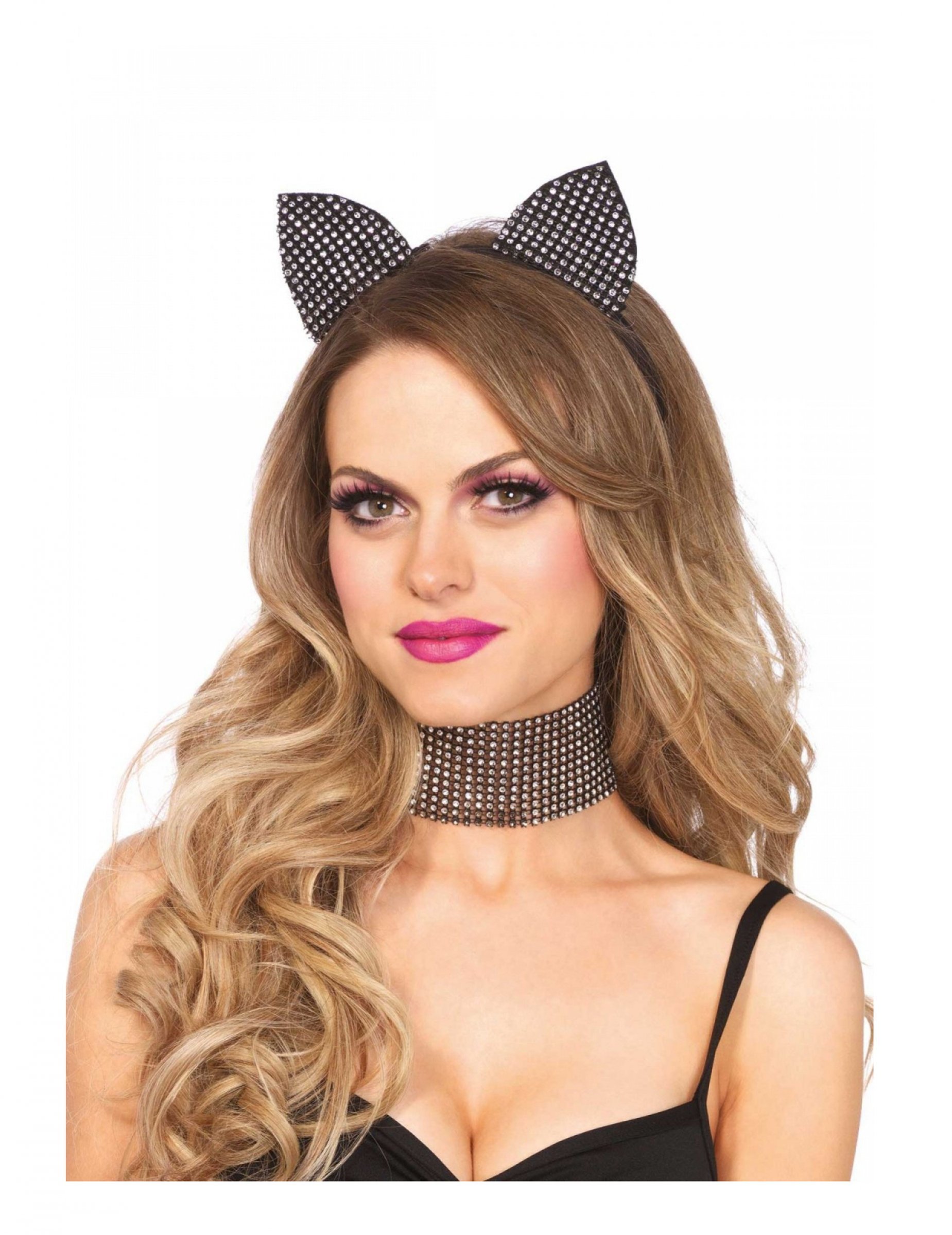 Katzen-Accessoire-Set Deluxe Haarreif und Choker Strass schwarz-silber von LEG-AVENUE