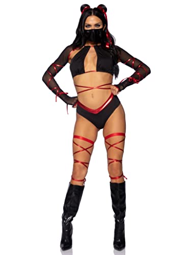 LEG AVENUE 87104-01101 5-teiliges Lethal Ninja, inklusive Riemchen-BH-Oberteil mit angenähtem Netz-Handschuh, V-Cut-Hose, Beinwickel, Gesichtsmaske und passenden Haargummis, klein, schwarz/rot von LEG AVENUE