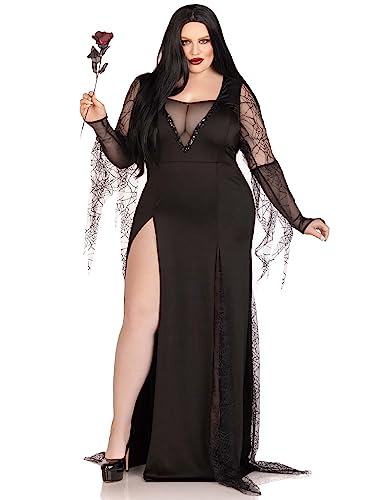 LEG AVENUE Spooky Beauty, features backless deep-v dress with sequin trim and ruched back, spiderweb gauntlet sleeves, and high slit tentacle skirt von LEG AVENUE