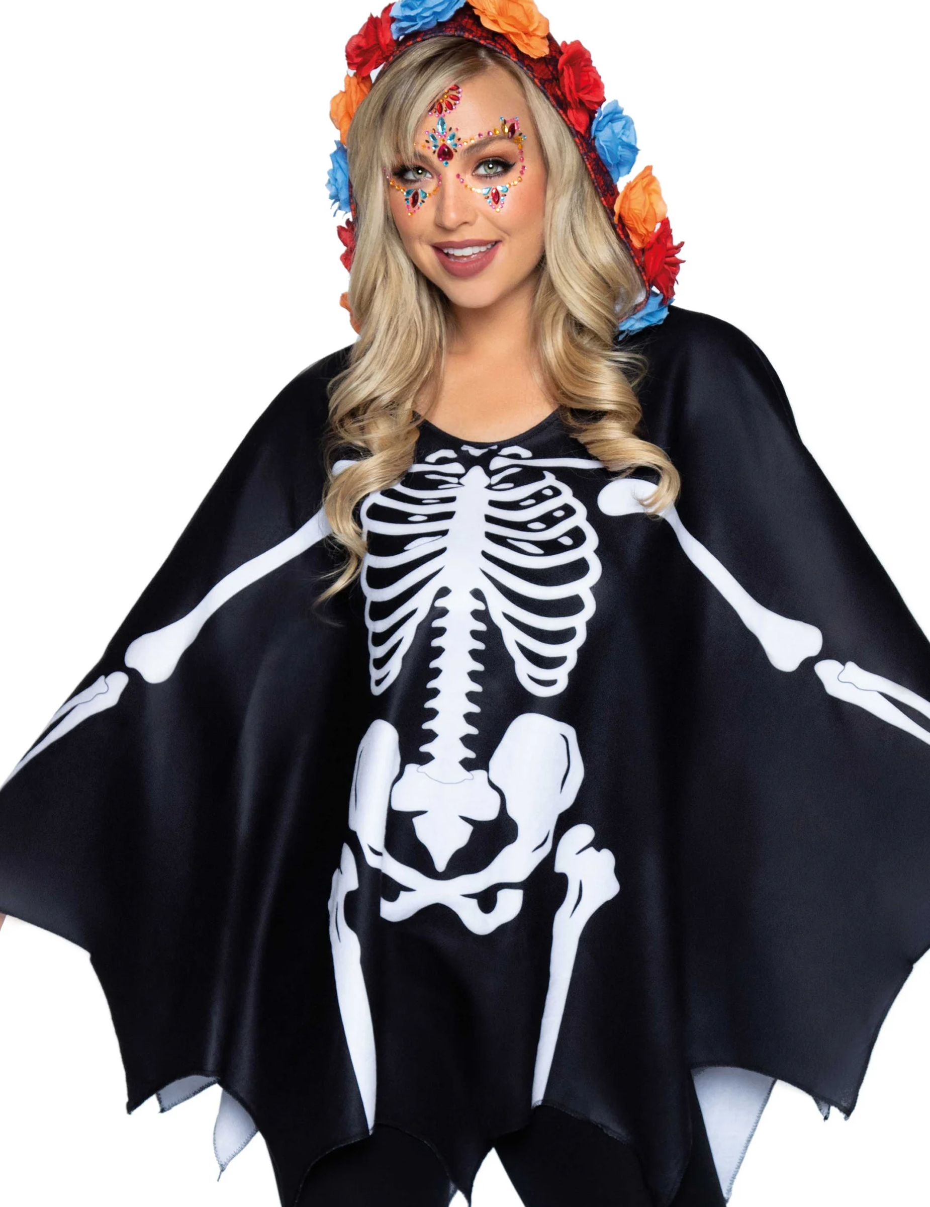 Unheimlicher Skelett-Poncho für Erwachsene Halloween-Accessoire schwarz-weiß von LEG-AVENUE