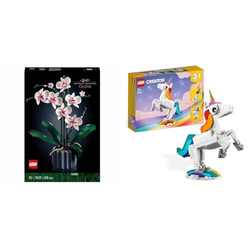 LEGO 10311 Icons Orchidee, Künstliche Pflanzen Set mit Blumen & 31140 Creator 3in1 Magisches Einhorn Spielzeug, Seepferdchen von LEGO