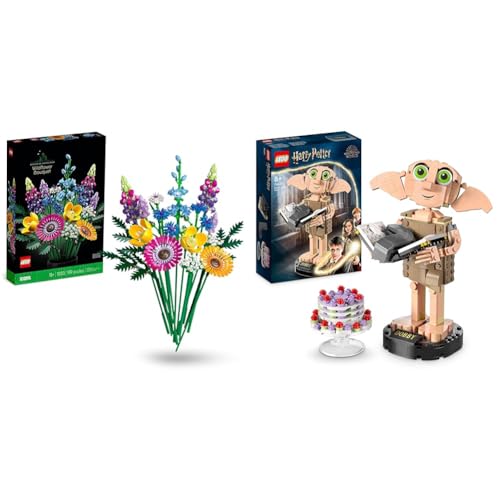 LEGO 10313 Icons Wildblumenstrauß Set, Künstliche Blumen mit Mohn und Lavendel & 76421 Harry Potter Dobby der Hauself Set, bewegliche ikonische Figur von LEGO