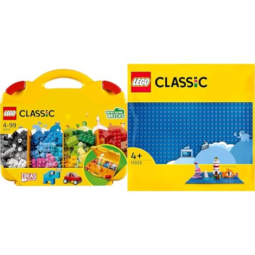 LEGO 10713 Classic Bausteine Starterkoffer – Kinderspielzeug für Mädchen und Jungen ab 4 Jahren & 11025 Classic Blaue Bauplatte, quadratische Grundplatte mit 32x32 Noppen als Basis für Konstruktionen von LEGO