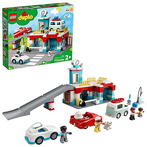 LEGO 10948 DUPLO Parkhaus mit Autowaschanlage mit Spielzeugauto, Wohnmobil und Rennauto, Garagen-Spielzeug inkl. 4 Figuren, für Kleinkinder, Mädchen und Jungen ab 2 Jahre von LEGO