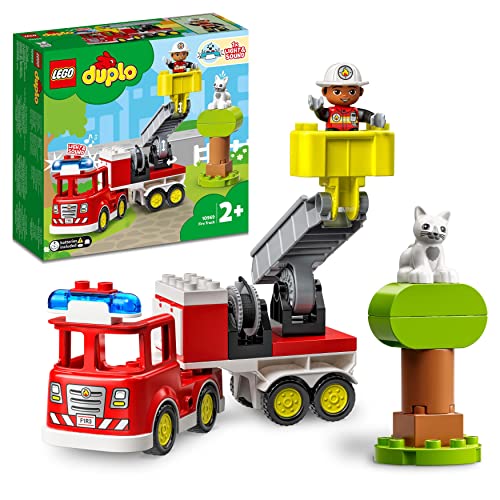 Lego 10969 DUPLO Town Feuerwehrauto Spielzeug, Lernspielzeug für Kleinkinder ab 2 Jahren, Set mit Blaulicht und Martinshorn, Feuerwehrmann und Katze, für Mädchen und Jungen von LEGO