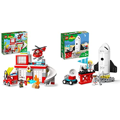 LEGO 10970 DUPLO Feuerwehrwache mit Hubschrauber, Feuerwehr-Spielzeug für Kleinkinder ab 2 Jahre mit Feuerwehrauto & 10944 DUPLO Spaceshuttle Weltraummission von LEGO