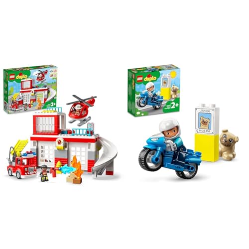 LEGO 10970 DUPLO Feuerwehrwache mit Hubschrauber, Feuerwehr-Spielzeug & DUPLO Polizeimotorrad, Polizei-Spielzeug für Kleinkinder ab 2 Jahre von LEGO