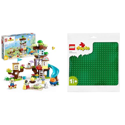 LEGO 10993 DUPLO 3-in-1 Baumhaus Spielzeug für Kleinkinder ab 3 Jahren & 10980 DUPLO Bauplatte in Grün, Grundplatte für DUPLO Sets, Konstruktionsspielzeug für Kleinkinder, Mädchen und Jungen von LEGO