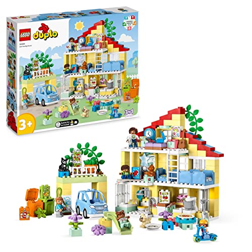 LEGO 10994 DUPLO 3-in-1-Familienhaus, Puppenhaus aus Bausteinen mit Push&Go Auto, 5 Figuren, 2 Tieren und Spielzeug-Lampe, Spielhaus Geschenk für Kleinkinder, Mädchen und Jungen ab 3 Jahren von LEGO