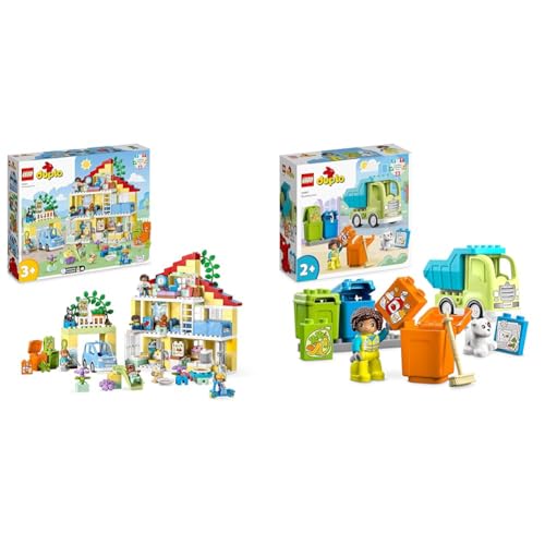 LEGO 10994 DUPLO 3-in-1-Familienhaus, Puppenhaus aus Bausteinen mit Push&Go Auto & 10987 DUPLO Recycling-LKW Müllwagen-Spielzeug, Lern- und Farbsortier-Spielzeug von LEGO