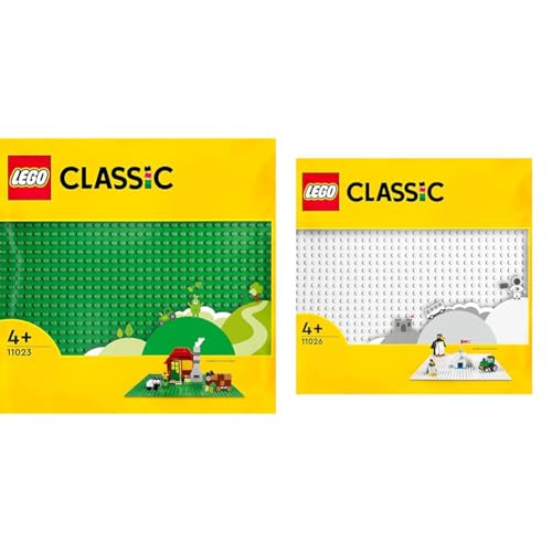 LEGO 11023 Classic Grüne Bauplatte, quadratische Grundplatte mit 32x32 Noppen als Basis für Konstruktionen und für weitere Sets & 11026 Classic Weiße Bauplatte mit 32x32 Noppen von LEGO