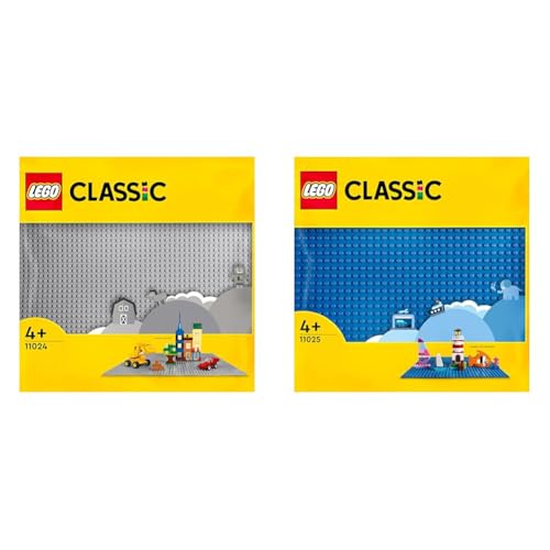 LEGO 11024 Classic Graue Bauplatte, quadratische Grundplatte mit 48x48 Noppen als Basis für Konstruktionen und für weitere LEGO Sets & 11025 Classic Blaue Bauplatte, mit 32x32 Noppen von LEGO