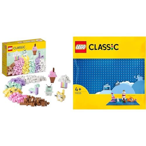 LEGO 11028 Classic Pastell Kreativ-Bauset Bausteine-Box & 11025 Classic Blaue Bauplatte, quadratische Grundplatte mit 32x32 Noppen als Basis Sets, Konstruktionsspielzeug für Kinder von LEGO