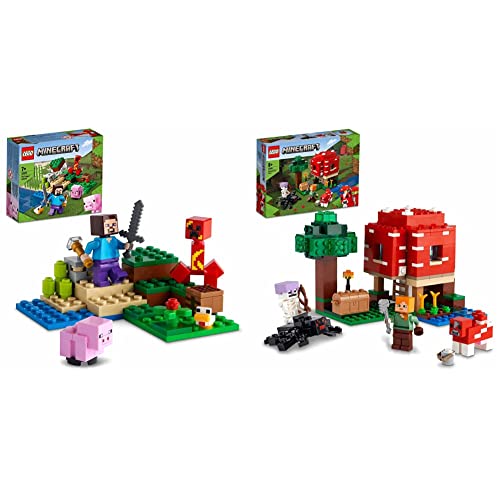 LEGO 21179 Minecraft Das Pilzhaus, ab 8 Jahren & 21177 Minecraft Der Hinterhalt des Creeper, Spielzeugset mit Steve, Schweinchen- und Kükenfiguren, Kinderspielzeug ab 7 Jahren mit Minifiguren von LEGO