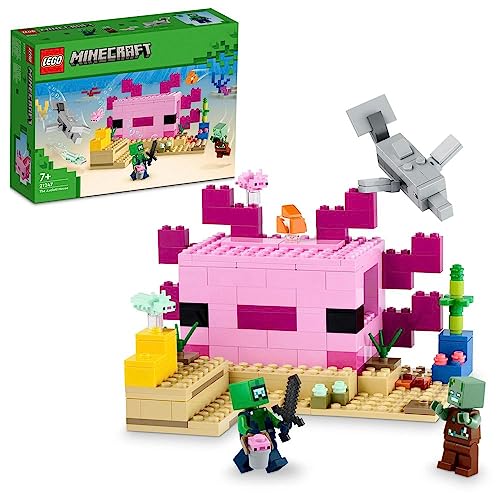 LEGO Minecraft Das Axolotl-Haus Set, baubare rosa Unterwasserbasis mit Taucherforscher, Zombie, Delfin- und Kugelfisch-Figuren, Abenteuer-Spielzeug für Kinder, Mädchen, Jungen ab 7 Jahren 21247 von LEGO