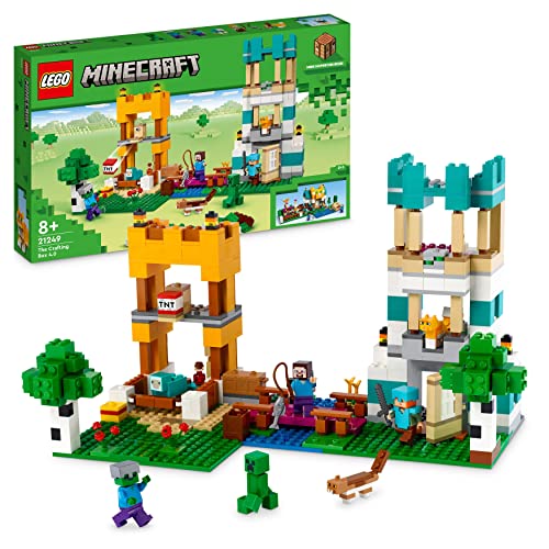 LEGO Minecraft Die Crafting Box 4.0, 2in1-Set zum Bauen, Türme am Fluss oder Katzenhütte, mit den Figuren Alex, Steve, Creeper und Zombie-Mobs, Actionspielzeug für Kinder, Jungen und Mädchen 21249 von LEGO