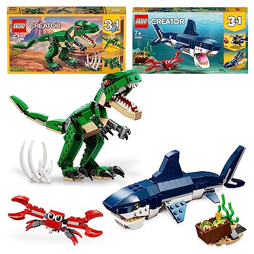 LEGO 31058 Creator Dinosaurier Spielzeug, 3in1 Modell mit T-Rex & 31088 Creator Bewohner der Tiefsee, Spielzeug mit Meerestieren Figuren: Hai, Krabbe, Tintenfisch und Seeteufel, Set von LEGO