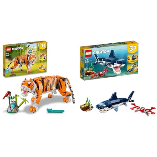 LEGO 31129 Creator Majestätischer Tiger, Panda oder Fisch & 31088 Creator Bewohner der Tiefsee, Spielzeug mit Meerestieren Figuren: Hai, Krabbe, Tintenfisch und Seeteufel, Set für Kinder ab 7 Jahre von LEGO