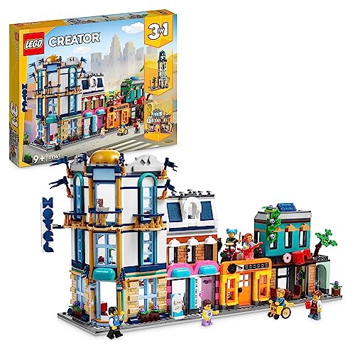 LEGO Creator 3-in-1 Hauptstraße zu Art-déco-Hochhaus oder Marktstraße Modellbau-Set, Konstruktionsspielzeug mit Hotel, Café, Wohnungen und Geschäften, kreativer Modellbausatz, Geschenkidee 31141 von LEGO