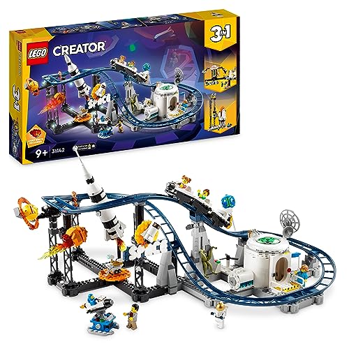 LEGO Creator 3-in-1 Weltraum-Achterbahn, Bausatz Einer Spielzeug-Kirmes mit funktionierenden Wägen, umbaubar in frei fallenden Fallturm oder Karussell mit Raketen und leuchtenden Steinen 31142 von LEGO