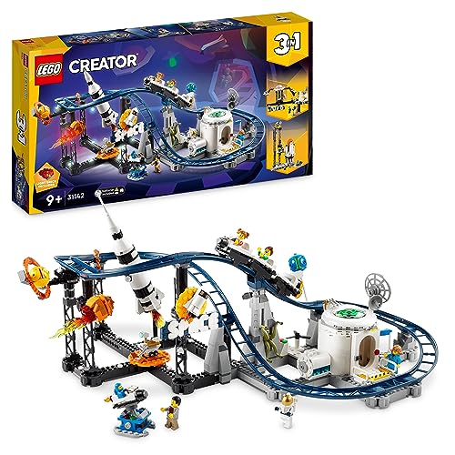 LEGO 31142 Creator 3-in-1 Weltraum-Achterbahn, Bausatz einer Spielzeug-Kirmes mit funktionierenden Wägen, umbaubar in frei fallenden Fallturm oder Karussell mit Raketen und leuchtenden Steinen von LEGO