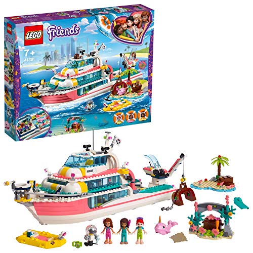 LEGO 41381 Friends Boot für Rettungsaktionen und Legoinsel, Spielzeug für Kinder mit den Minipuppen Olivia, Andrea und Mia, Plus Roboter und Wal-Figuren, Set zur Meeresrettung von LEGO