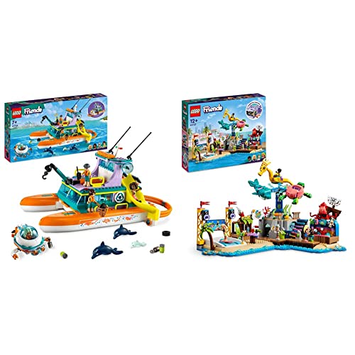 LEGO 41737 Friends Strand-Erlebnispark & 41734 Friends Seerettungsboot Tierrettungs-Spielzeug Set mit Delfin-Tier-Figuren und U-Boot von LEGO