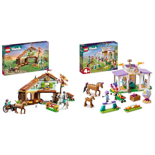 LEGO 41745 Friends Autumns Reitstall Set mit 2 Spielzeug-Pferden, Kutsche und Reitzubehör & 41746 Friends Reitschule Set mit 2 Spielzeug-Pferden, Aliya und Mia Mini-Puppen von LEGO