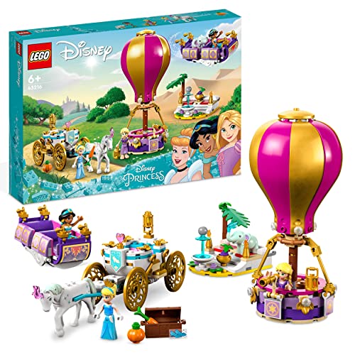 LEGO 43216 Disney Prinzessinnen auf magischer Reise Spielzeug mit Cinderella, Jasmine, Rapunzel Mini-Puppen, Spielzeugpferd & Kutsche, fliegendem Teppich, Heißluftballon für Mädchen und Jungen von LEGO