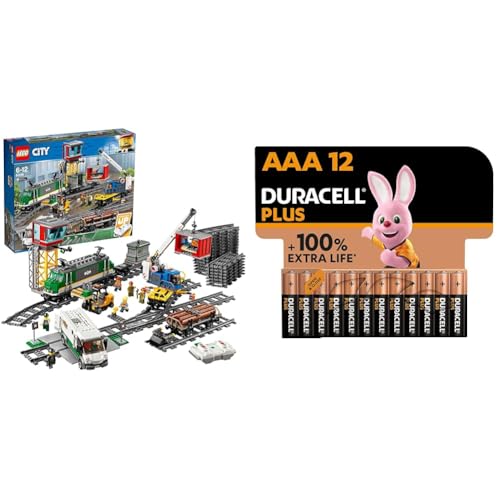 LEGO 60198 City Güterzug, Set mit batteriebetriebenem Motor für Kinder ab 6 Jahren, Bluetooth-Fernbedienung, 3 Wagen, Gleise und Zubehör + Duracell Plus AAA Alkaline-Batterien, 12er Pack von LEGO