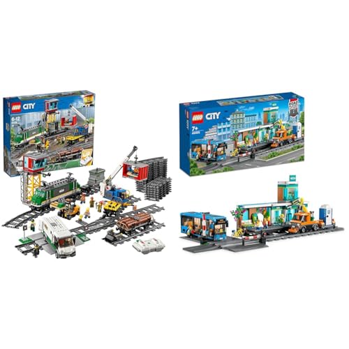 LEGO 60198 City Güterzug, Set mit batteriebetriebenem Motor & 60335 City Bahnhof, Spielzeug mit Schienen-LKW, Straßenplatte, Schienensegmenten und Minifiguren, Geschenk Set von LEGO