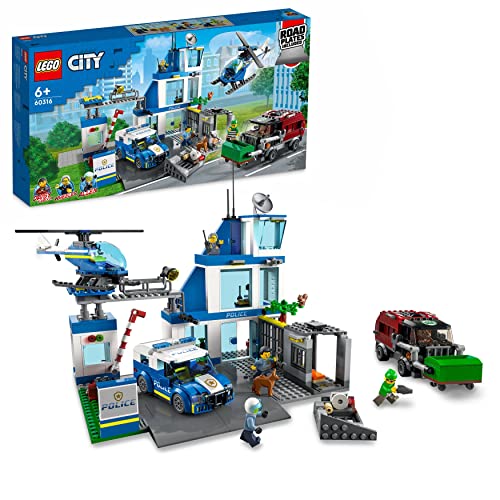 Lego 60316 City Polizeistation mit Polizeiauto, Müllauto und Hubschrauber, Gebäude zum Bauen mit 3 Figuren, Polizei-Spielzeug für Jungen und Mädchen ab 6 Jahren, Geschenk für Kinder von LEGO