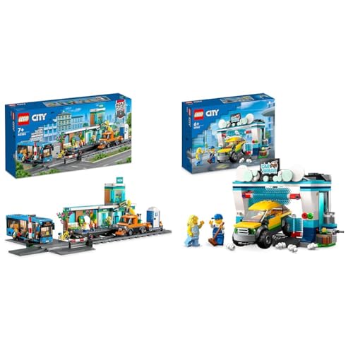 LEGO 60335 City Bahnhof, Spielzeug Mit Schienen-LKW & 60362 City Autowaschanlage, Set mit Spielzeugauto für Kinder ab 6 Jahren von LEGO