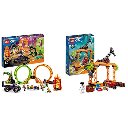 LEGO 60339 City Stuntz Stuntshow-Doppellooping Set, inkl. Rampe, Monstertruck, 2X Motorrad und 7 Minifiguren & 60342 City Stuntz Haiangriff-Challenge Set, inkl. Motorrad und Stunt Racer Minifigur von LEGO