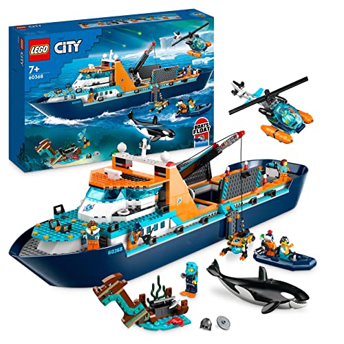 Lego City Arktis-Forschungsschiff, großes schwimmfähiges Spielzeug-Boot mit Hubschrauber, Beiboot, ROV-U-Boot, Wikingerschiffswrack, 7 Minifiguren & Orca-Figur, Geschenk für Kinder ab 7 Jahren 60368 von LEGO