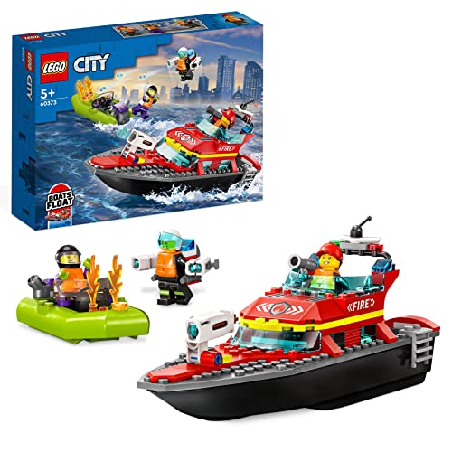 LEGO 60373 City Feuerwehrboot, Spielzeug, das im Wasser schwimmt, mit Rennboot, 3 Minifiguren und Jetpack, Feuerwehr-Boot-Spielzeug Geschenkidee für Jungen und Mädchen ab 5 Jahren von LEGO