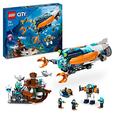 LEGO City Forscher-U-Boot Spielzeug, Unterwasser-Set mit Drohne, Mech, Minifiguren von Tauchern und Tierfiguren, Geschenk zum Geburtstag für Kinder, Jungen und Mädchen 60379 von LEGO
