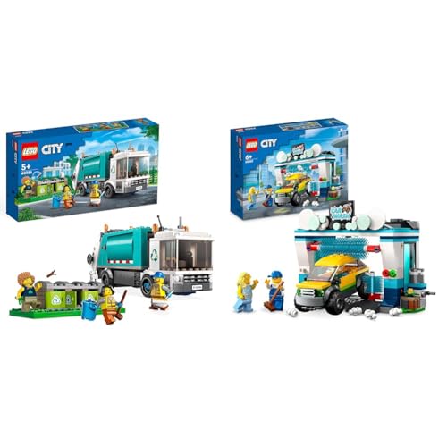 LEGO 60386 City Müllabfuhr, Müllwagen Spielzeug mit Mülltonnen & 60362 City Autowaschanlage, Set mit Spielzeugauto für Kinder ab 6 Jahren von LEGO