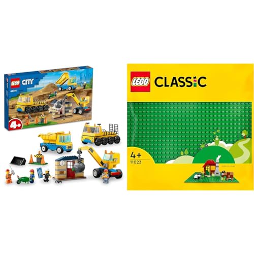 LEGO 60391 City Baufahrzeuge und Kran mit Abrissbirne & 11023 Classic Grüne Bauplatte, quadratische Grundplatte mit 32x32 Noppen als Basis für Konstruktionen und für weitere Sets von LEGO