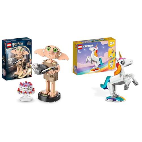 LEGO 76421 Harry Potter Dobby der Hauself Set & 31140 Creator 3in1 Magisches Einhorn Spielzeug, Seepferdchen, Pfau, Regenbogen-Einhorn-Tierfiguren, Geschenk für Mädchen und Jungen, baubares Spielzeug von LEGO