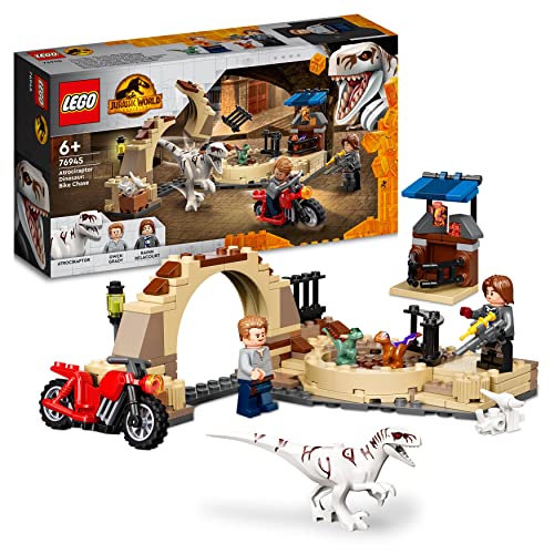 LEGO 76945 Jurassic World Atrociraptor: Motorradverfolgungsjagd, Set mit 3 Dinosaurier Figuren und Spielzeug Motorrad für Kinder ab 6 Jahren von LEGO