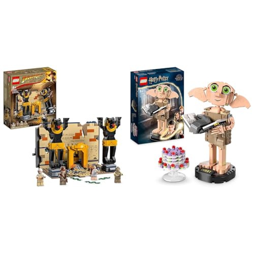 LEGO 77013 Indiana Jones Flucht aus dem Grabmal Konstruktionsspielzeug mit Tempel und Mumie Minifigur & 76421 Harry Potter Dobby der Hauself Set, bewegliche ikonische Figur, Spielzeug von LEGO