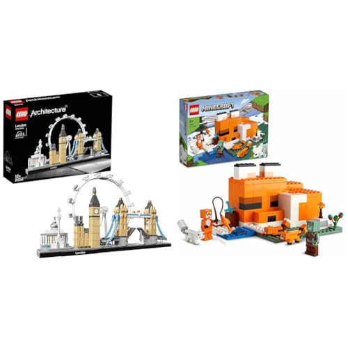 LEGO Architecture London Set & 21178 Minecraft Die Fuchs-Lodge, Spielzeug für Jungen und Mädchen ab 8 Jahren mit Figuren von ertrunkenem Zombie und Tieren, Kinderspielzeug von LEGO