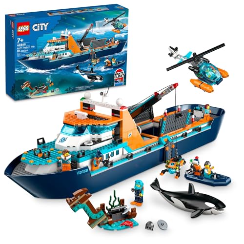 LEGO City Arctic Explorer Ship 60368 Bauspielzeug Set, lustiges Spielzeug Geschenk für 7-jährige Jungen und Mädchen, mit einem schwimmfähigen Boot, Hubschrauber, Schlauchboot, ROV Sub, von LEGO