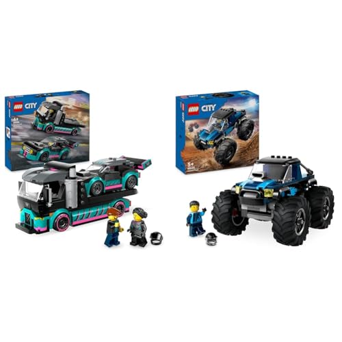 LEGO City Autotransporter mit Rennwagen, LKW-Spielzeug mit Verstellbarer Laderampe und Renn-Auto & City Blauer Monstertruck, Offroad-Auto-Spielzeug, Fahrzeug-Set mit Rennfahrer-Minifigur von LEGO