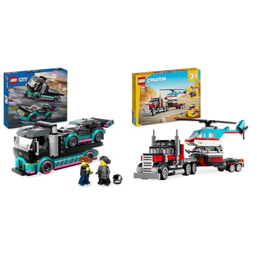 LEGO City Autotransporter mit Rennwagen, LKW-Spielzeug mit Verstellbarer Laderampe und Renn-Auto & Creator 3in1 Tieflader mit Hubschrauber, Fahrzeuge-Set mit Helikopter- und LKW-Spielzeug von LEGO